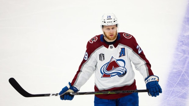 Jun 20, 2022; Tampa, Florida, USA; Colorado Avalanche center Nathan MacKinnon (29) looks on during a stopage in play against the Tampa Bay Lightning during the first period in game three of the 2022 Stanley Cup Final at Amalie Arena. Mandatory Credit: Mark J. Rebilas-USA TODAY Sports